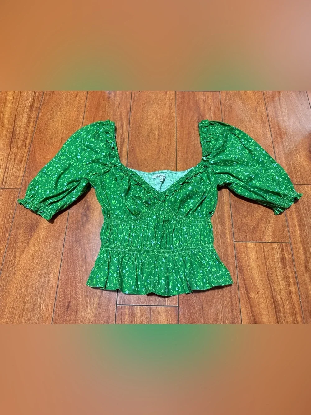 Reformation Bright Green Floral Smocked Peplum Blouse